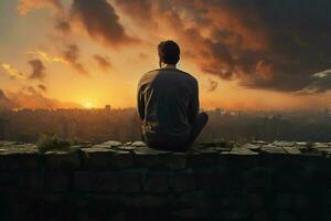 Man sitting on the edge of a wooden table looking at the sunset. ai generated pro photo