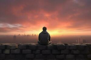 Man sitting on the edge of a wooden table looking at the sunset. ai generated pro photo