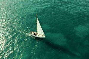 Aerial view of a sailboat in the sea at sunset. ai generated pro photo