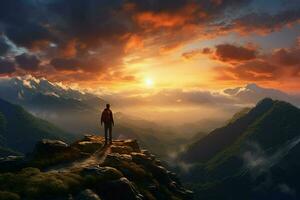 Man with backpack standing on the top of a mountain and looking at the sunset. ai generated pro photo