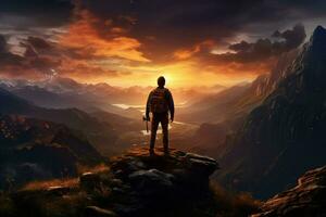 Man with backpack standing on the top of a mountain and looking at the sunset. ai generated pro photo