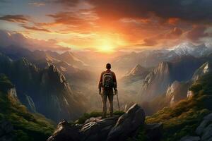 Man with backpack standing on the top of a mountain and looking at the sunset. ai generated pro photo