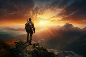 Man with backpack standing on the top of a mountain and looking at the sunset. ai generated pro photo