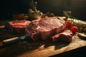 Raw fresh beef steak cut into pieces on a wooden cutting board. ai generated pro photo