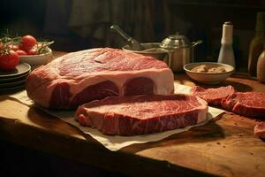 Raw fresh beef steak cut into pieces on a wooden cutting board. ai generated pro photo