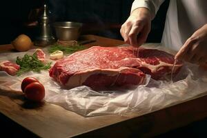 Raw fresh beef steak cut into pieces on a wooden cutting board. ai generated pro photo