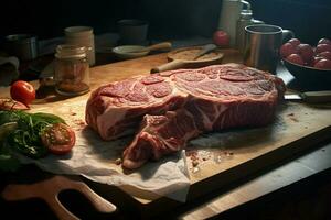 Raw fresh beef steak cut into pieces on a wooden cutting board. ai generated pro photo