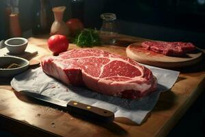 Raw fresh beef steak cut into pieces on a wooden cutting board. ai generated pro photo