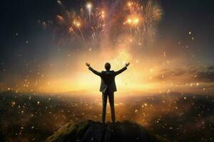 Businessman standing on top of a mountain with fireworks exploding in the background. ai generated pro photo