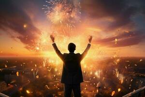 Businessman standing on top of a mountain with fireworks exploding in the background. ai generated pro photo