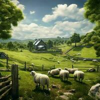 Flock of sheep grazing in the meadow in the village. ai generated pro photo