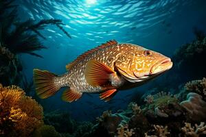 Grouper on a coral reef. Underwater world. 3d illustration. ai generated pro photo