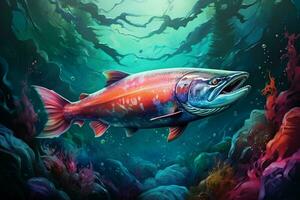 vistoso submarino escena con arco iris trucha pez. 3d ilustración. ai generado Pro foto