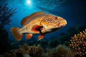 Grouper on a coral reef. Underwater world. 3d illustration. ai generated pro photo