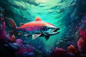 Colorful underwater scene with rainbow trout fish. 3D illustration. ai generated pro photo