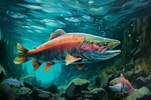 Colorful underwater scene with rainbow trout fish. 3D illustration. ai generated pro photo