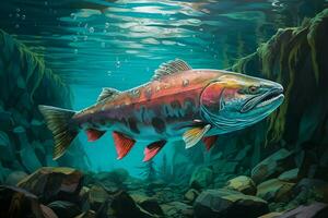 Colorful underwater scene with rainbow trout fish. 3D illustration. ai generated pro photo