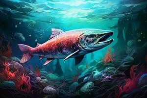 Colorful underwater scene with rainbow trout fish. 3D illustration. ai generated pro photo