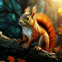 Red squirrel sits on a tree branch in the autumn forest and eats nuts. ai generated pro photo