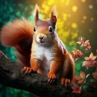 Red squirrel sits on a tree branch in the autumn forest and eats nuts. ai generated pro photo