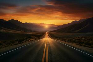 Road in the desert with dramatic sunset sky. 3D Rendering. ai generated pro photo