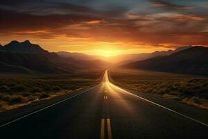 Road in the desert with dramatic sunset sky. 3D Rendering. ai generated pro photo