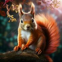 Red squirrel sits on a tree branch in the autumn forest and eats nuts. ai generated pro photo