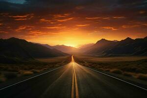 Road in the desert with dramatic sunset sky. 3D Rendering. ai generated pro photo