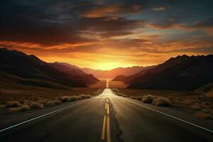 Road in the desert with dramatic sunset sky. 3D Rendering. ai generated pro photo