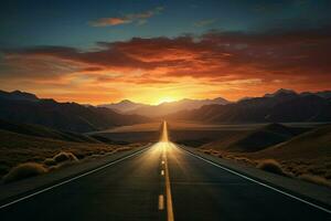 Road in the desert with dramatic sunset sky. 3D Rendering. ai generated pro photo