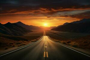 Road in the desert with dramatic sunset sky. 3D Rendering. ai generated pro photo