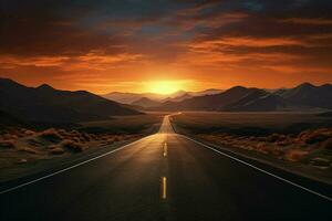 Road in the desert with dramatic sunset sky. 3D Rendering. ai generated pro photo