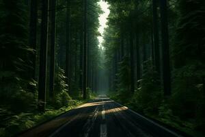 la carretera en el verde bosque. naturaleza composición. 3d representación. ai generado Pro foto