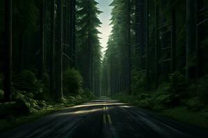 la carretera en el verde bosque. naturaleza composición. 3d representación. ai generado Pro foto