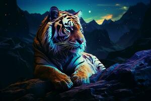 Portrait of tiger on the rock at night with blue light. ai generated pro photo
