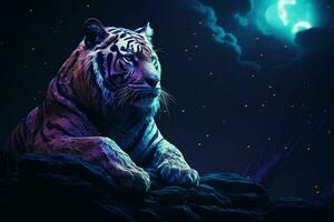Portrait of tiger on the rock at night with blue light. ai generated pro photo
