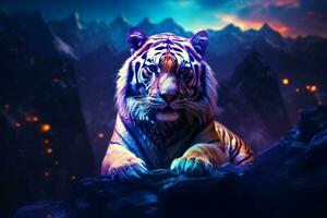 Portrait of tiger on the rock at night with blue light. ai generated pro photo