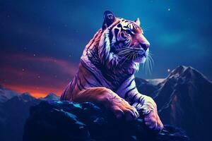 retrato de Tigre en el rock a noche con azul ligero. ai generado Pro foto