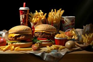 Fast food restaurant menu. Burgers, french fries, coleslaw, chicken nuggets and salads on wooden table. ai generated pro photo