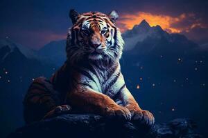 Portrait of tiger on the rock at night with blue light. ai generated pro photo