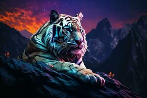 Portrait of tiger on the rock at night with blue light. ai generated pro photo