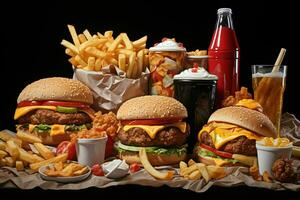 rápido comida restaurante menú. hamburguesas, francés papas fritas, Ensalada de col, pollo pepitas y ensaladas en de madera mesa. ai generado Pro foto