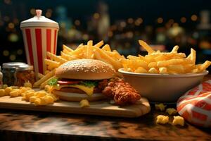 Fast food restaurant menu. Burgers, french fries, coleslaw, chicken nuggets and salads on wooden table. ai generated pro photo