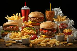 rápido comida restaurante menú. hamburguesas, francés papas fritas, Ensalada de col, pollo pepitas y ensaladas en de madera mesa. ai generado Pro foto