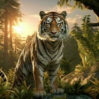 Tiger in the forest at sunset. Wildlife scene. Digital painting. ai generated pro photo