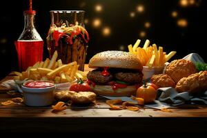 Fast food restaurant menu. Burgers, french fries, coleslaw, chicken nuggets and salads on wooden table. ai generated pro photo