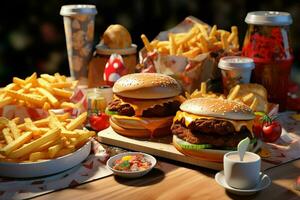 Fast food restaurant menu. Burgers, french fries, coleslaw, chicken nuggets and salads on wooden table. ai generated pro photo