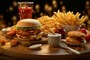 rápido comida restaurante menú. hamburguesas, francés papas fritas, Ensalada de col, pollo pepitas y ensaladas en de madera mesa. ai generado Pro foto