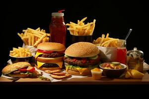 rápido comida restaurante menú. hamburguesas, francés papas fritas, Ensalada de col, pollo pepitas y ensaladas en de madera mesa. ai generado Pro foto