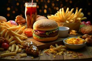 Fast food restaurant menu. Burgers, french fries, coleslaw, chicken nuggets and salads on wooden table. ai generated pro photo